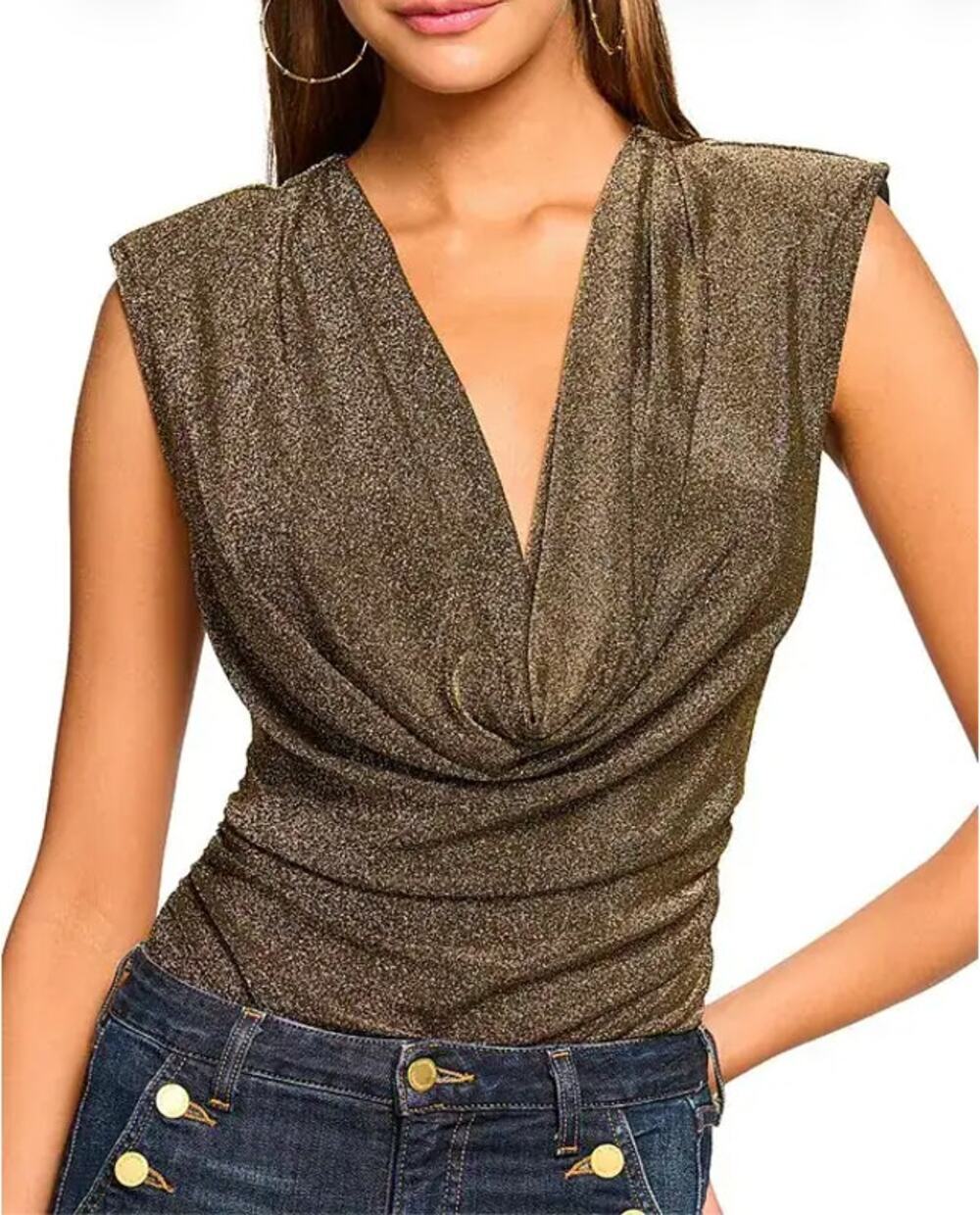 RAMY BROOK Consuela Cowl Neck Top Size L Metallic Draped Shimmer Party Date